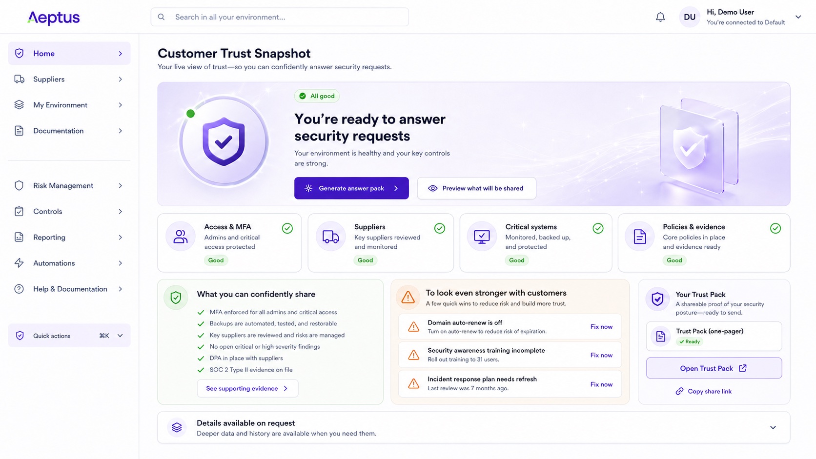 Aeptus customer trust snapshot dashboard
